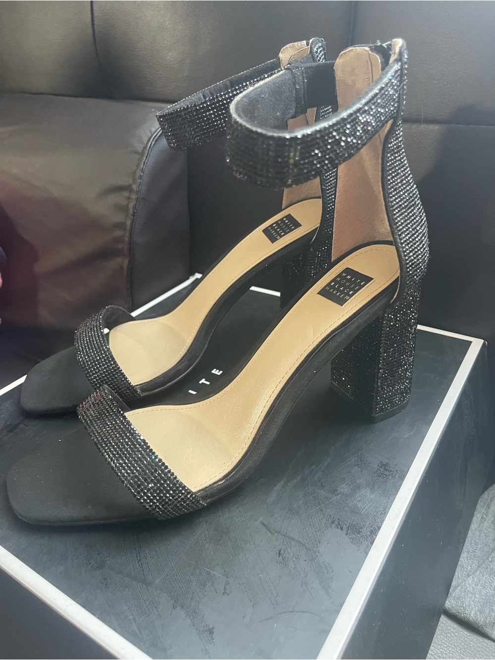 White House Black Market Black Beaded Block Heel Sandals